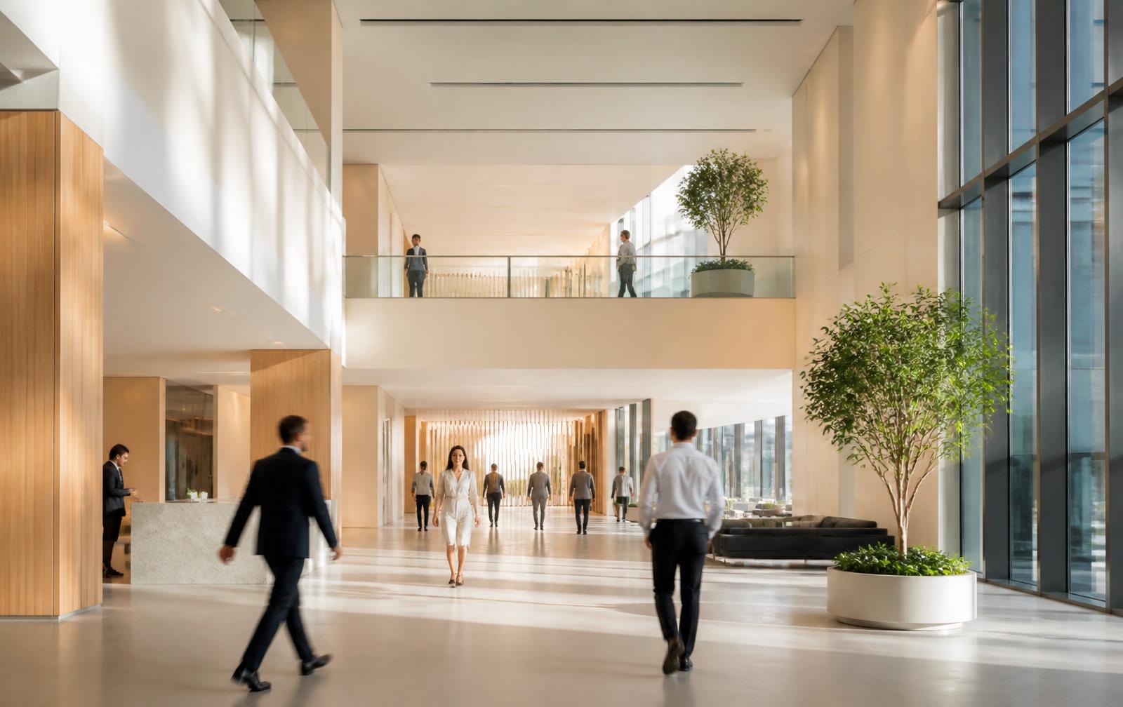 Modern corporate atrium with people walking